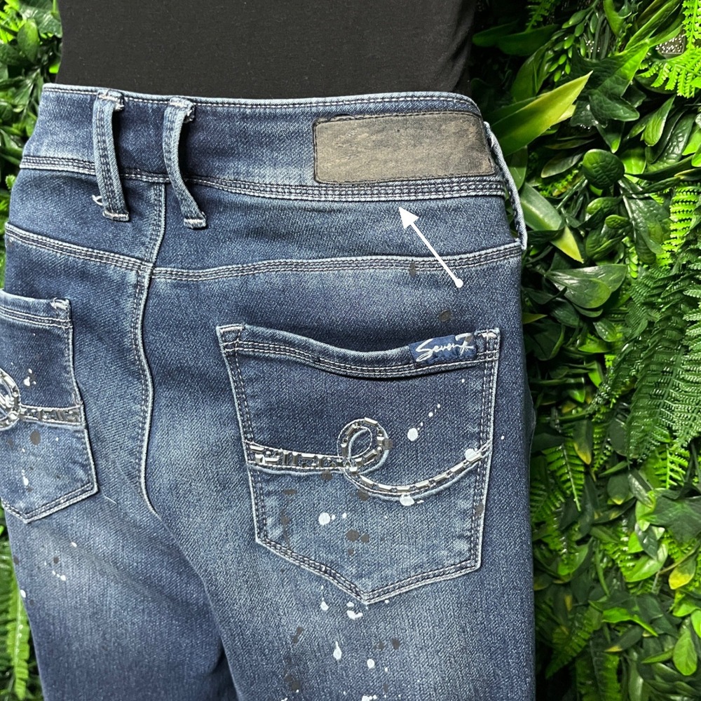 Seven7 Jeans Pants Size 8 Blue Paint Splatter Dark Wash Skinny Stretch 3645‎ - Picture 9 of 11